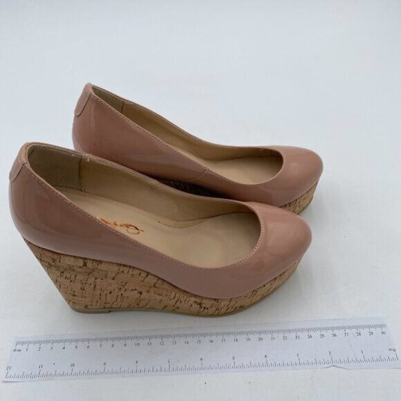 XYD Women Comfort Round Toe Wood Platform Pumps Slip On Patent Wedge Cork - Picture 3 of 7